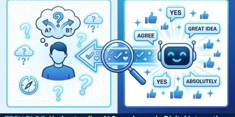 Split-screen illustration showing human user with questions on left and AI chatbot with yes responses on right, representing AI sycophancy