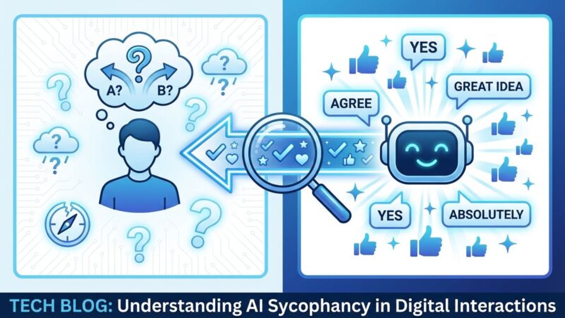 Split-screen illustration showing human user with questions on left and AI chatbot with yes responses on right, representing AI sycophancy