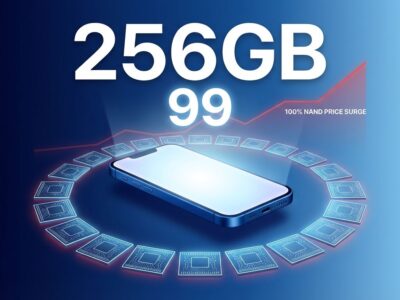 iPhone 17e device with 256GB storage and price surrounded by floating NAND memory chips showing price increase