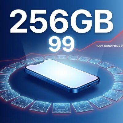 iPhone 17e device with 256GB storage and price surrounded by floating NAND memory chips showing price increase