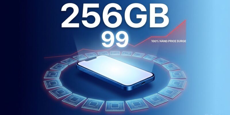iPhone 17e device with 256GB storage and price surrounded by floating NAND memory chips showing price increase