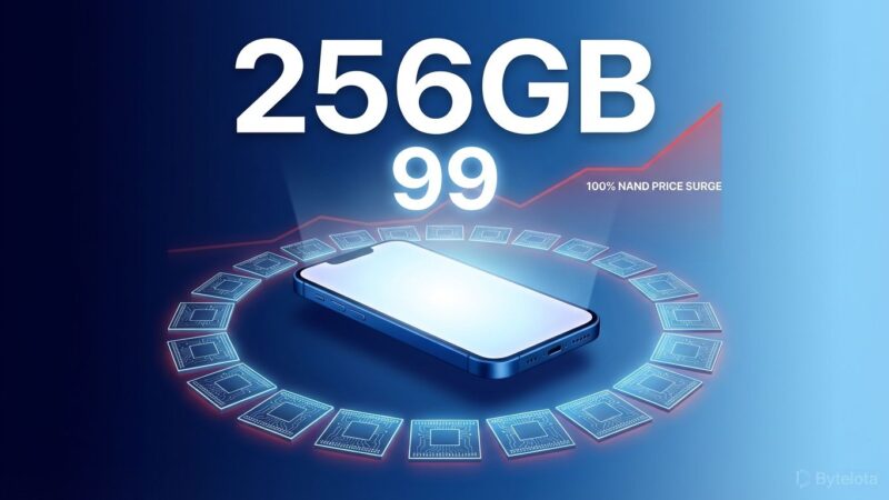 iPhone 17e device with 256GB storage and price surrounded by floating NAND memory chips showing price increase