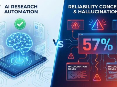 Split-screen visualization showing AI research breakthrough on left with peer review checkmark, contrasted with 57% error rate warning on right side