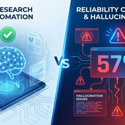 Split-screen visualization showing AI research breakthrough on left with peer review checkmark, contrasted with 57% error rate warning on right side