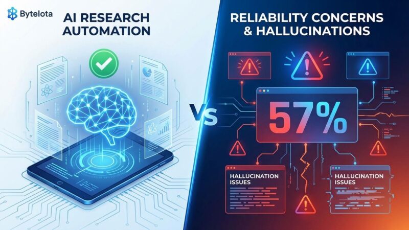 Split-screen visualization showing AI research breakthrough on left with peer review checkmark, contrasted with 57% error rate warning on right side