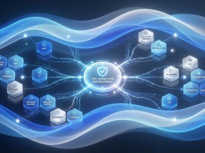 Abstract visualization of modular AI agent skills framework with flowing blue gradients and geometric hexagonal blocks showing skill connections and TDD workflow