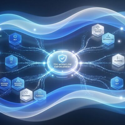 Abstract visualization of modular AI agent skills framework with flowing blue gradients and geometric hexagonal blocks showing skill connections and TDD workflow
