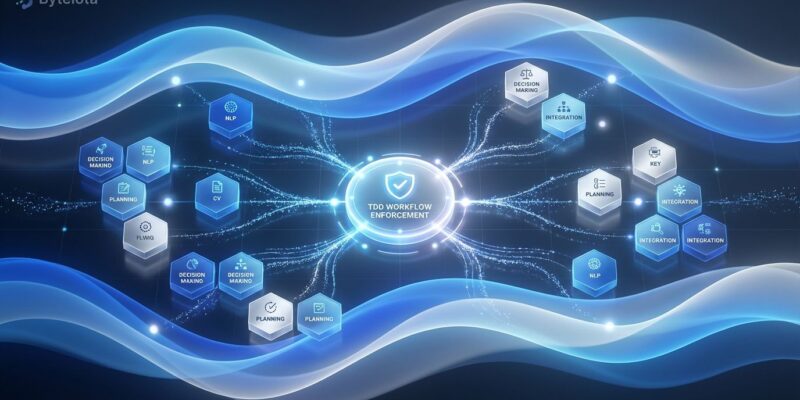 Abstract visualization of modular AI agent skills framework with flowing blue gradients and geometric hexagonal blocks showing skill connections and TDD workflow