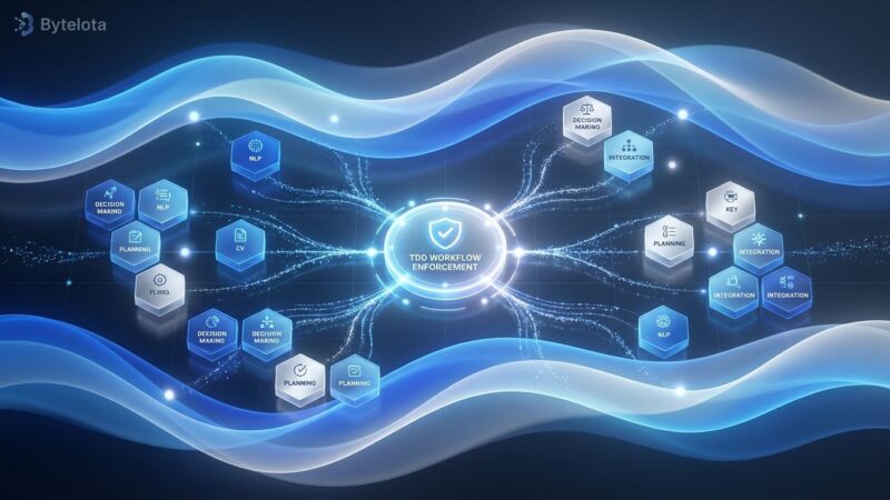 Abstract visualization of modular AI agent skills framework with flowing blue gradients and geometric hexagonal blocks showing skill connections and TDD workflow