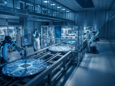 Futuristic semiconductor chip fabrication facility with glowing blue circuit patterns representing Musk's Terafab project