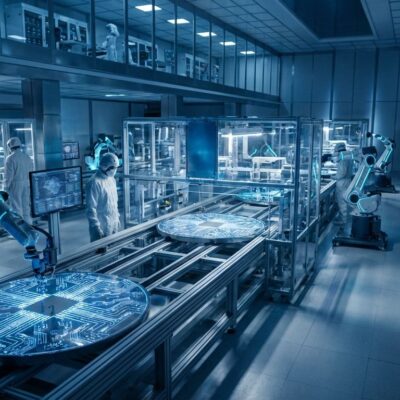 Futuristic semiconductor chip fabrication facility with glowing blue circuit patterns representing Musk's Terafab project