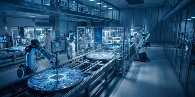 Futuristic semiconductor chip fabrication facility with glowing blue circuit patterns representing Musk's Terafab project