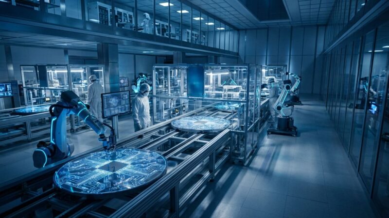 Futuristic semiconductor chip fabrication facility with glowing blue circuit patterns representing Musk's Terafab project