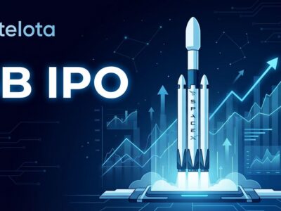 SpaceX rocket launching with IPO stock market graphics, representing the largest IPO in history at 75 billion dollars