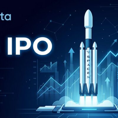 SpaceX rocket launching with IPO stock market graphics, representing the largest IPO in history at 75 billion dollars