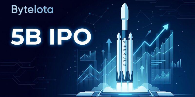 SpaceX rocket launching with IPO stock market graphics, representing the largest IPO in history at 75 billion dollars
