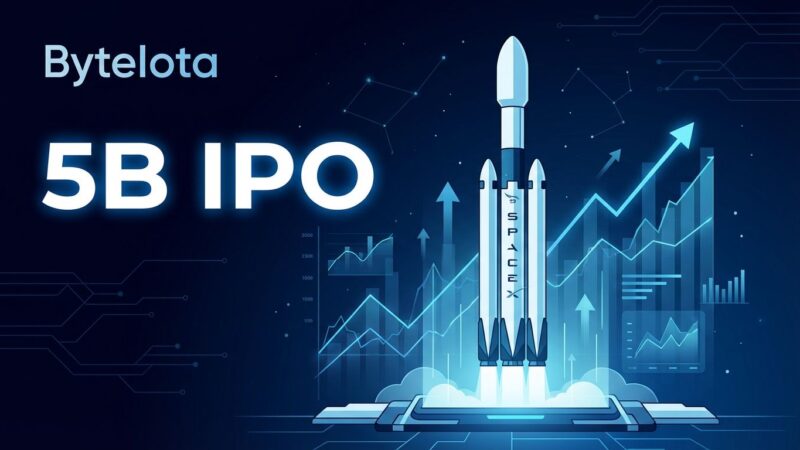 SpaceX rocket launching with IPO stock market graphics, representing the largest IPO in history at 75 billion dollars