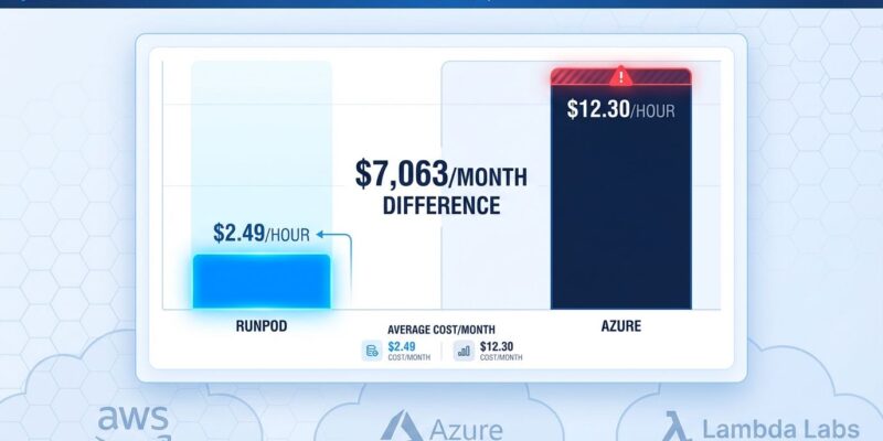 GPU pricing comparison chart showing H100 costs ranging from 2.49 to 12.30 per hour