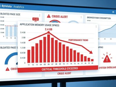 Data visualization dashboard showing web performance metrics and memory usage crisis with 2.4GB RAM consumption