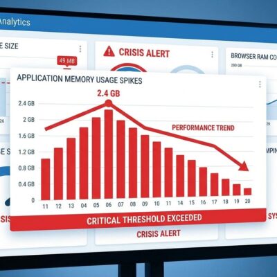 Data visualization dashboard showing web performance metrics and memory usage crisis with 2.4GB RAM consumption