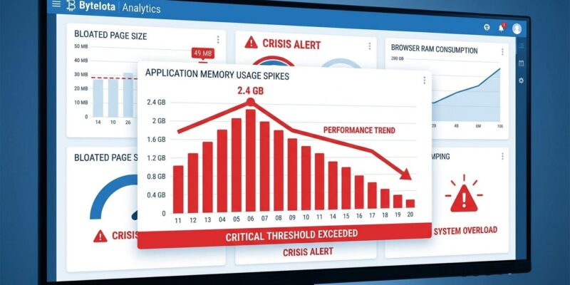 Data visualization dashboard showing web performance metrics and memory usage crisis with 2.4GB RAM consumption