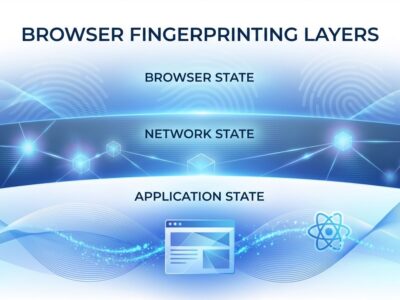 Abstract visualization of browser fingerprinting showing three layers: browser properties, network data, and React application state being collected by ChatGPT's Cloudflare Turnstile