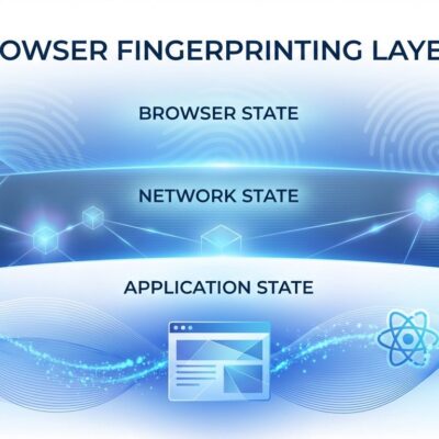 Abstract visualization of browser fingerprinting showing three layers: browser properties, network data, and React application state being collected by ChatGPT's Cloudflare Turnstile