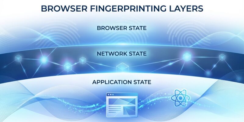 Abstract visualization of browser fingerprinting showing three layers: browser properties, network data, and React application state being collected by ChatGPT's Cloudflare Turnstile