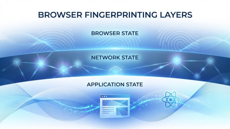Abstract visualization of browser fingerprinting showing three layers: browser properties, network data, and React application state being collected by ChatGPT's Cloudflare Turnstile