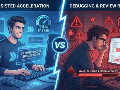 Split-screen illustration showing AI coding productivity paradox - left side shows developer with AI assistance feeling faster, right side shows same developer actually working slower with bugs and review delays