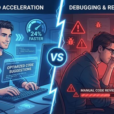 Split-screen illustration showing AI coding productivity paradox - left side shows developer with AI assistance feeling faster, right side shows same developer actually working slower with bugs and review delays
