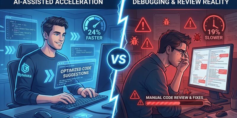 Split-screen illustration showing AI coding productivity paradox - left side shows developer with AI assistance feeling faster, right side shows same developer actually working slower with bugs and review delays