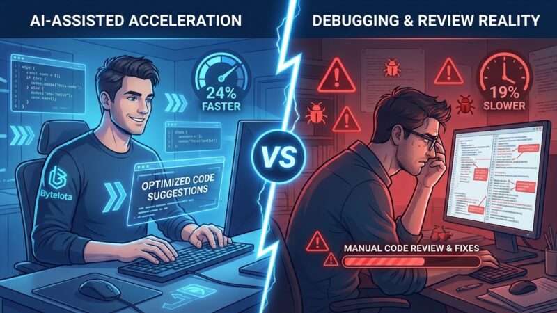 Split-screen illustration showing AI coding productivity paradox - left side shows developer with AI assistance feeling faster, right side shows same developer actually working slower with bugs and review delays