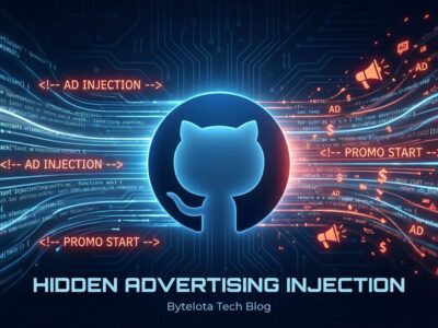 Abstract visualization of GitHub Copilot injecting hidden advertising into code pull requests