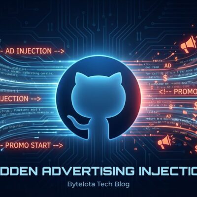 Abstract visualization of GitHub Copilot injecting hidden advertising into code pull requests