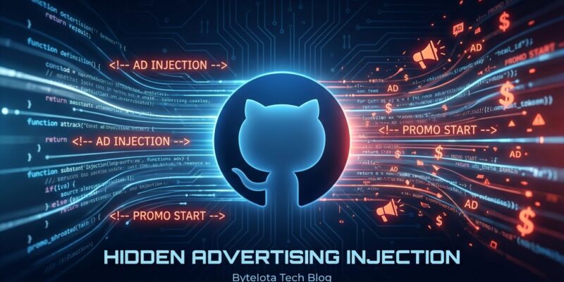 Abstract visualization of GitHub Copilot injecting hidden advertising into code pull requests