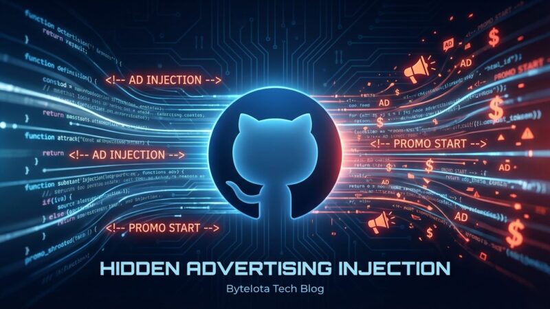 Abstract visualization of GitHub Copilot injecting hidden advertising into code pull requests
