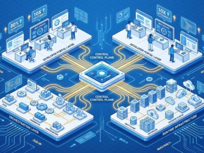 Isometric 3D illustration showing platform engineering infrastructure layers with golden paths connecting developer workstations to infrastructure components