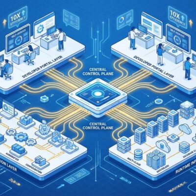 Isometric 3D illustration showing platform engineering infrastructure layers with golden paths connecting developer workstations to infrastructure components
