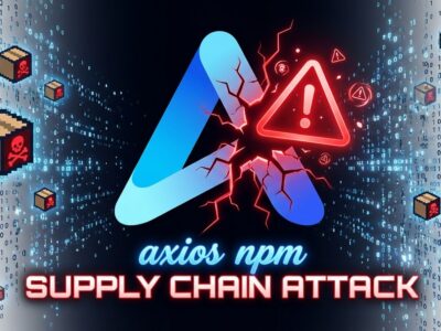 Axios logo cracking apart with warning symbols, representing the npm supply chain security compromise affecting 83 million weekly downloads
