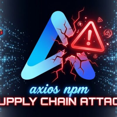 Axios logo cracking apart with warning symbols, representing the npm supply chain security compromise affecting 83 million weekly downloads