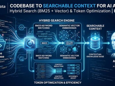 Claude-context MCP server architecture with hybrid search combining BM25 keyword matching and vector embeddings for AI coding tools