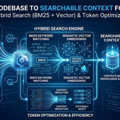 Claude-context MCP server architecture with hybrid search combining BM25 keyword matching and vector embeddings for AI coding tools