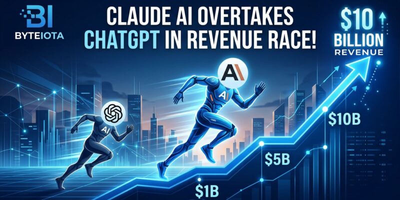 Graph showing Anthropic revenue growth from to ARR overtaking OpenAI, with Claude and ChatGPT logos