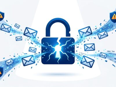 Cracked padlock representing Notion email leak security vulnerability with floating email envelopes dispersing