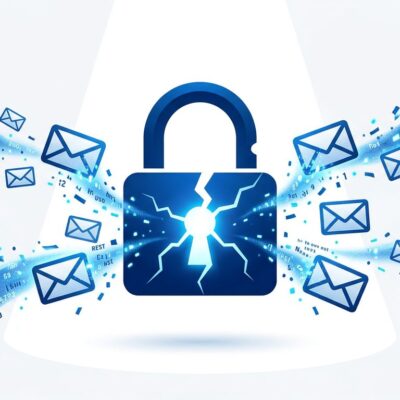 Cracked padlock representing Notion email leak security vulnerability with floating email envelopes dispersing