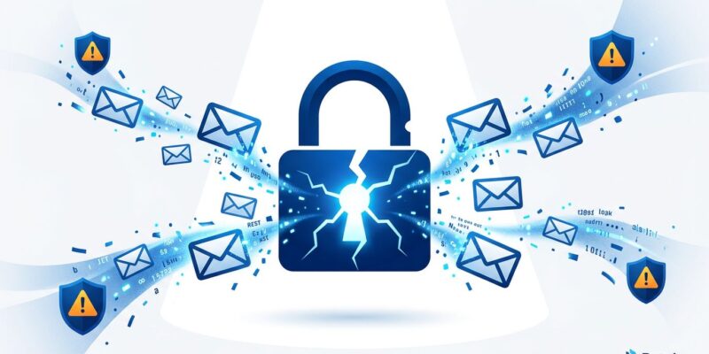 Cracked padlock representing Notion email leak security vulnerability with floating email envelopes dispersing