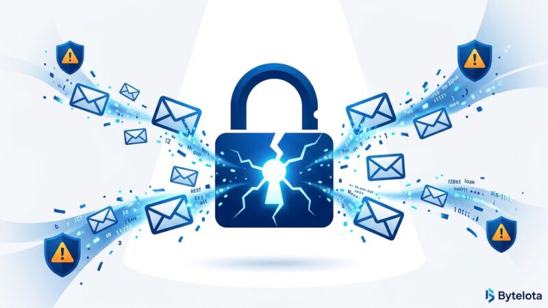 Cracked padlock representing Notion email leak security vulnerability with floating email envelopes dispersing