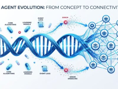 Conceptual illustration of AI agent evolution showing DNA helix transforming into agent nodes with Gene capsules, Event logs, and evolutionary paths