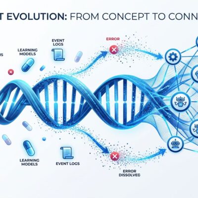Conceptual illustration of AI agent evolution showing DNA helix transforming into agent nodes with Gene capsules, Event logs, and evolutionary paths